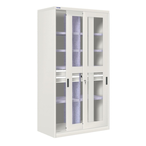 [024341] Armario de puertas correderas con divisor, 8 estantes y 4 cajones ext. simple - Dim.: 1026x600x2000h mm - gris ral 7035
