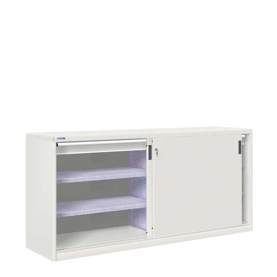 [024874] Armario de puertas correderas con divisor, 4 estantes y 2 cajones ext. simple - Dim.: 2052x600x1000h mm - gris ral 7035