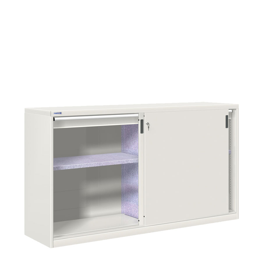 [024884] Armario de puertas correderas con divisor, 2 estantes y 2 cajones ext. total - Dim.: 2052x600x1200h mm - gris ral 7035