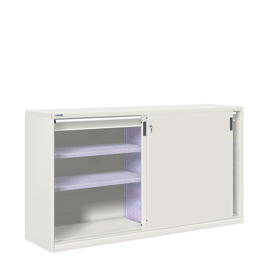 [024888] Armario de puertas correderas con divisor, 4 estantes y 2 cajones ext. total - Dim.: 2052x600x1200h mm - gris ral 7035
