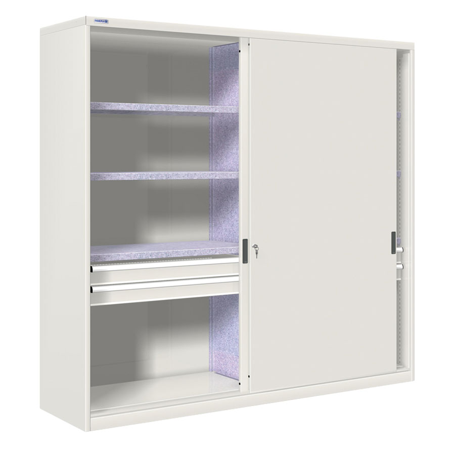 [024895] Armario de puertas correderas con divisor, 6 estantes y 4 cajones ext. simple - Dim.: 2052x450x2000h mm - gris ral 7035