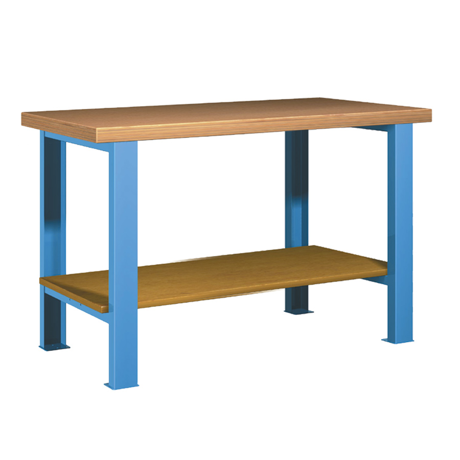 [025699] Banco de trabajo para taller estándar - Dim.: 1250x750x840h mm - Encimera Multiplex, 2 patas, 1 estante inferior - Azul ral 5012