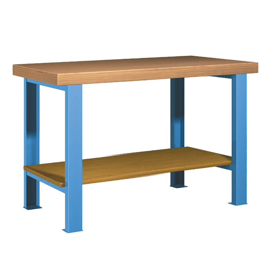 [025719] Banco de trabajo para taller estándar - Dim.: 1250x750x850h mm - Encimera Multiplex, 2 patas, 1 estante inferior - Azul ral 5012