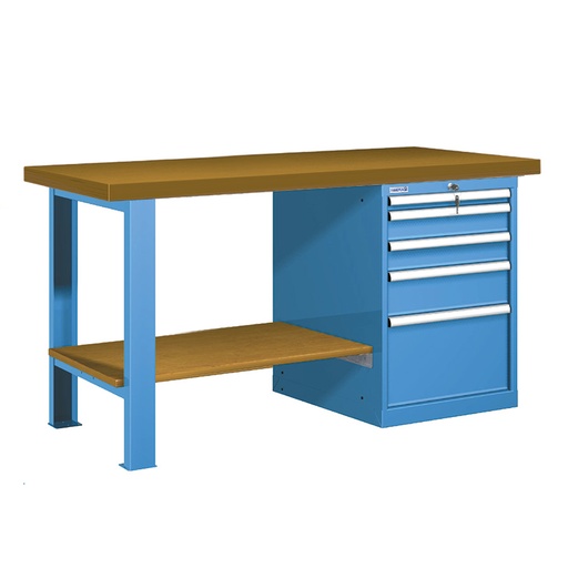[025743] Banco de trabajo estándar - Dim.: 1500x750x840h mm - Encimera DM, 1 pata, 1 armario, 1 estante inferior - Azul ral 5012