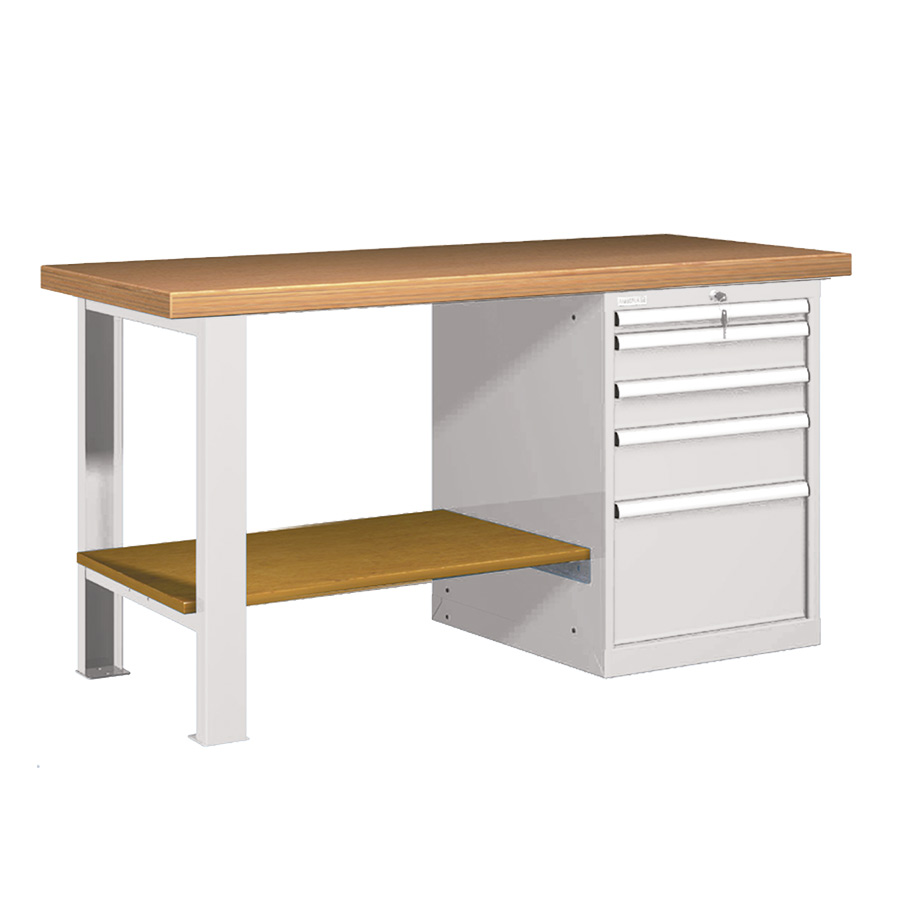 [025766] Banco de trabajo estándar - Dim.: 1500x750x840h mm - Encimera Multiplex, 1 pata, 1 armario, 1 estante inferior - Gris ral 7035