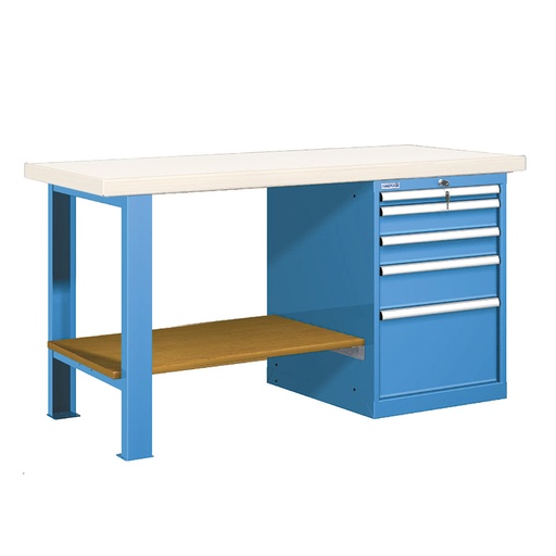 [025781] Banco de trabajo estándar - Dim.: 1500x750x840h mm - Encimera laminada, 1 pata, 1 armario, 1 estante inferior - Azul ral 5012