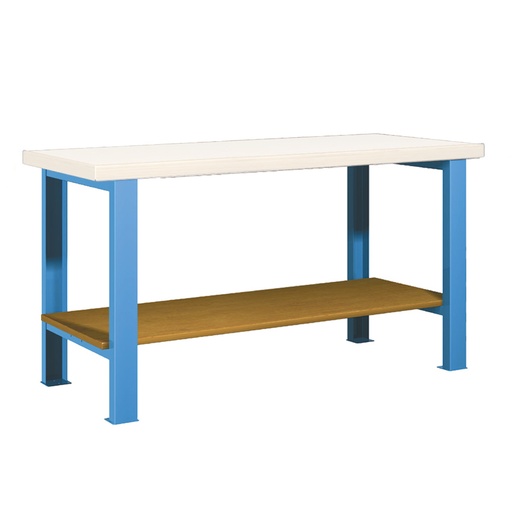 [025785] Banco de trabajo estándar - Dim.: 1500x750x840h mm - Encimera laminada, 2 patas, 1 estante inferior - Azul ral 5012