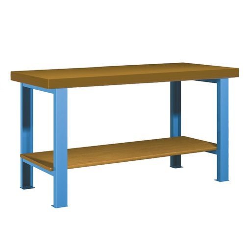 [025834] Banco de trabajo estándar - Dim.: 1500x750x850h mm - Encimera DM, 2 patas, 1 estante inferior - Azul ral 5012