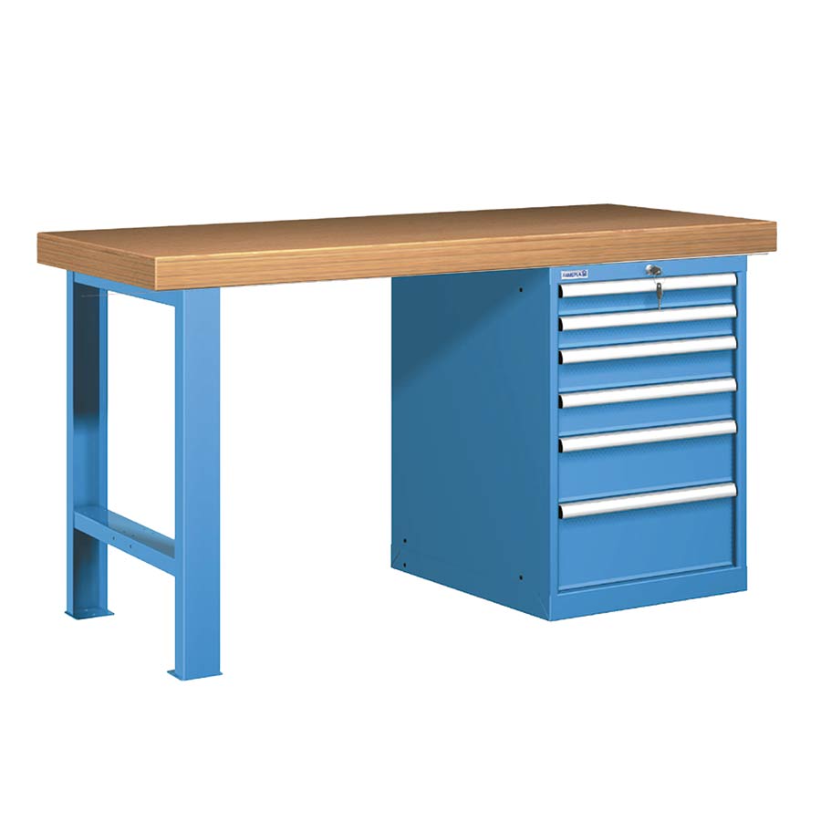 [025841] Banco de trabajo estándar - Dim.: 1500x750x850h mm - Encimera Multiplex, 1 pata, 1 armario - Azul ral 5012