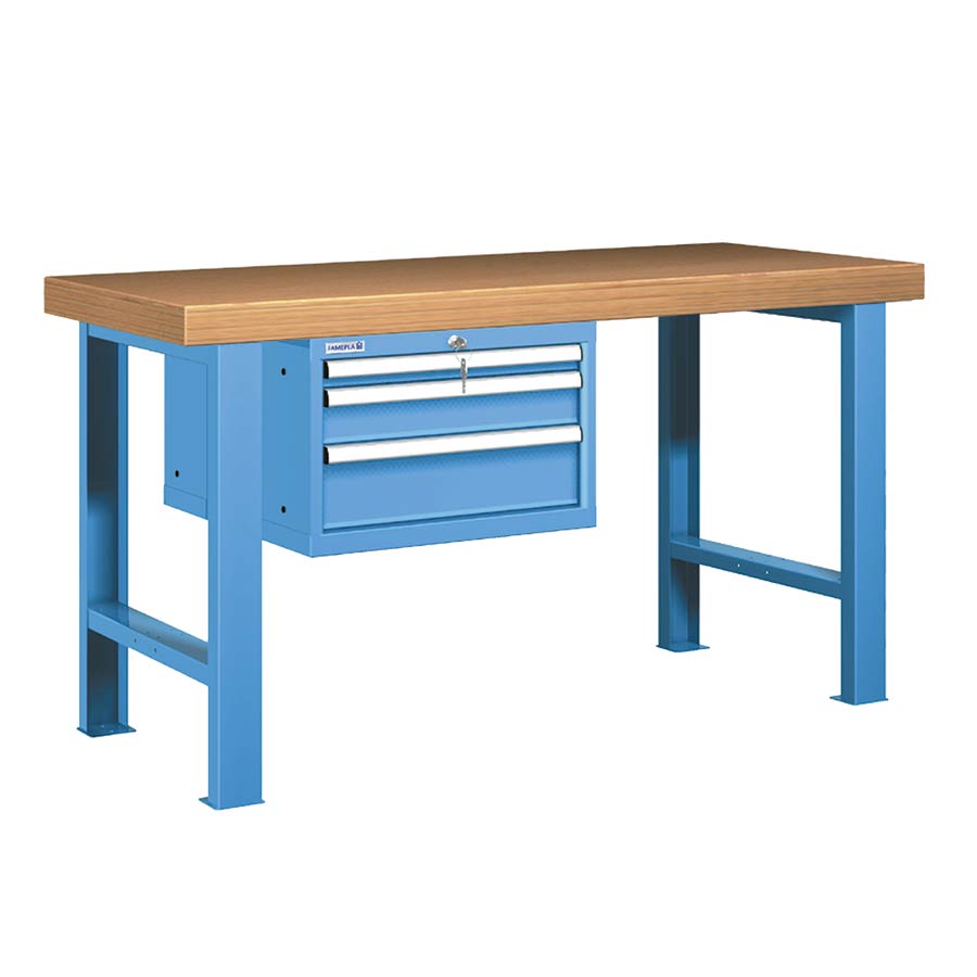 [025850] Banco de trabajo estándar - Dim.: 1500x750x850h mm - Encimera Multiplex, 2 patas, 1 armario 383h mm - Azul ral 5012