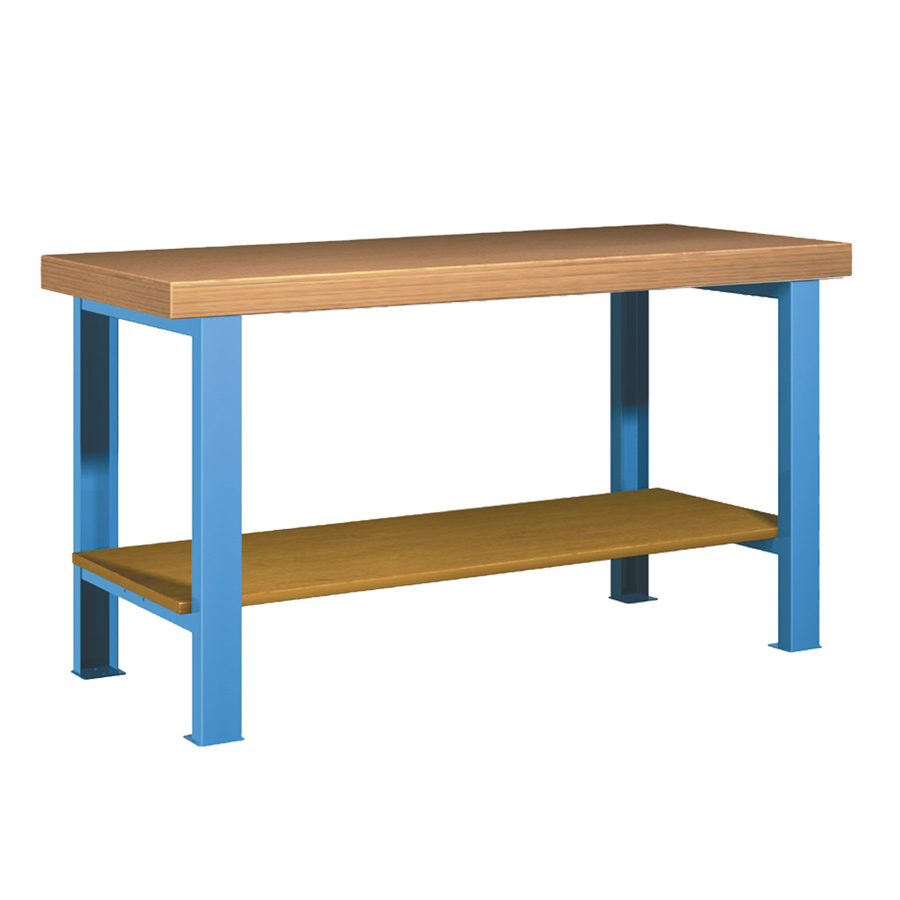 [025856] Banco de trabajo estándar - Dim.: 1500x750x850h mm - Encimera Multiplex, 2 patas, 1 estante inferior - Azul ral 5012