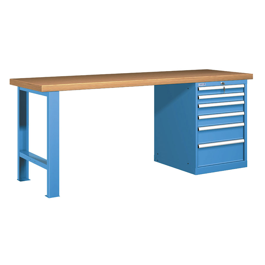 [025909] Banco de trabajo estándar - Dim.: 2000x750x840h mm - Encimera Multiplex, 1 pata, 1 armario - Azul ral 5012