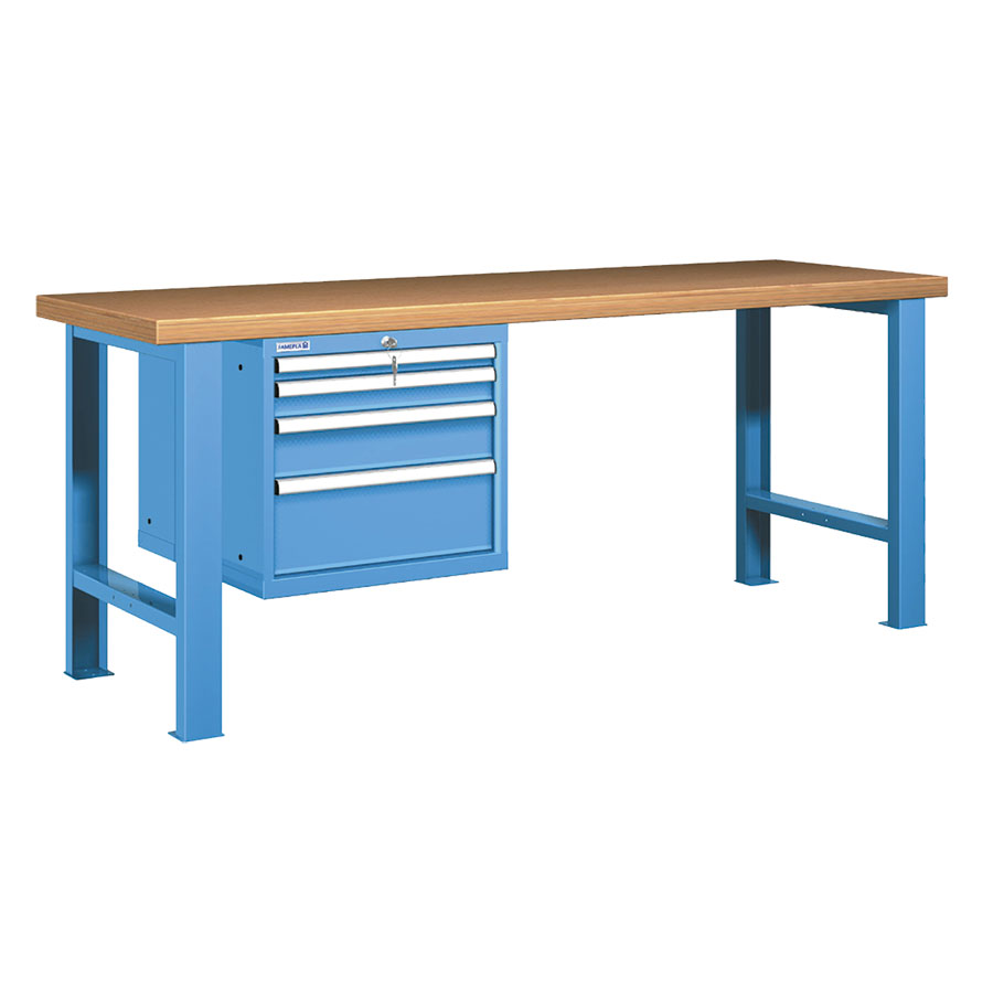 [025924] Banco de trabajo estándar - Dim.: 2000x750x840h mm - Encimera Multiplex, 2 patas, 1 armario 533h mm - Azul ral 5012