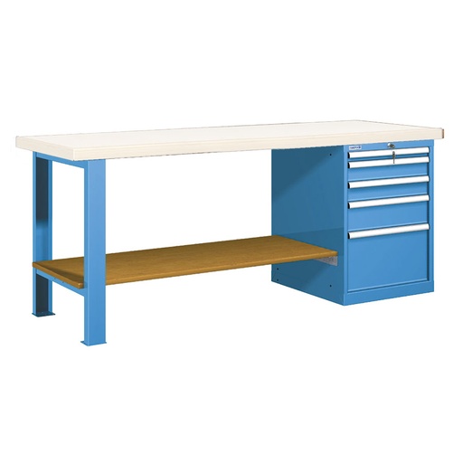[025952] Banco de trabajo estándar - Dim.: 2000x750x840h mm - Encimera laminada, 1 pata, 1 armario, 1 estante inferior - Azul ral 5012