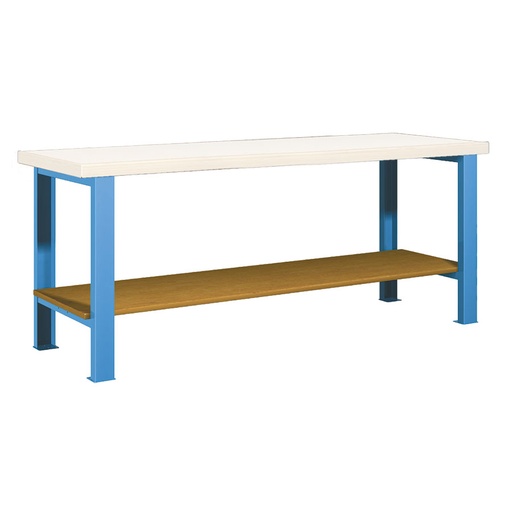 [025956] Banco de trabajo estándar - Dim.: 2000x750x840h mm - Encimera laminada, 2 patas, 1 estante inferior - Azul ral 5012