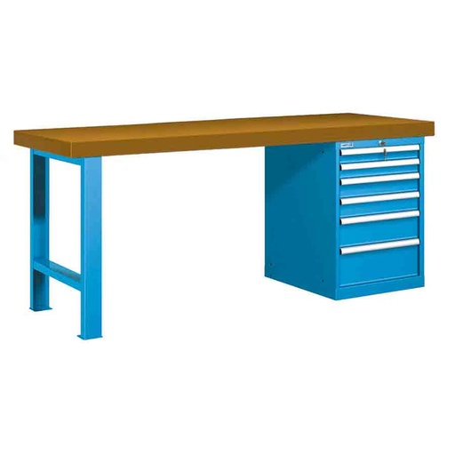 [025990] Banco de trabajo estándar - Dim.: 2000x750x850h mm - Encimera DM, 1 pata, 1 armario - Azul ral 5012
