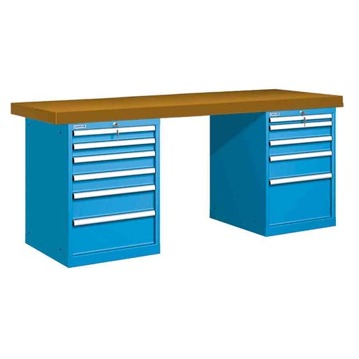[025997] Banco de trabajo estándar - Dim.: 2000x750x850h mm - Encimera DM, 2 armarios con cajones - Azul ral 5012