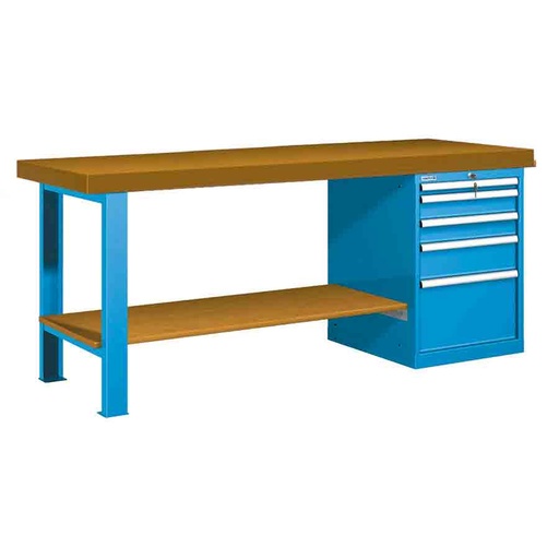 [026013] Banco de trabajo estándar - Dim.: 2000x750x850h mm - Encimera DM, 1 pata, 1 armario, 1 estante inferior - Azul ral 5012