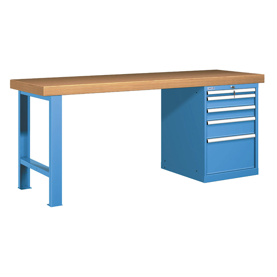 [026015] Banco de trabajo estándar - Dim.: 2000x750x850h mm - Encimera Multiplex, 1 pata, 1 armario - Azul ral 5012