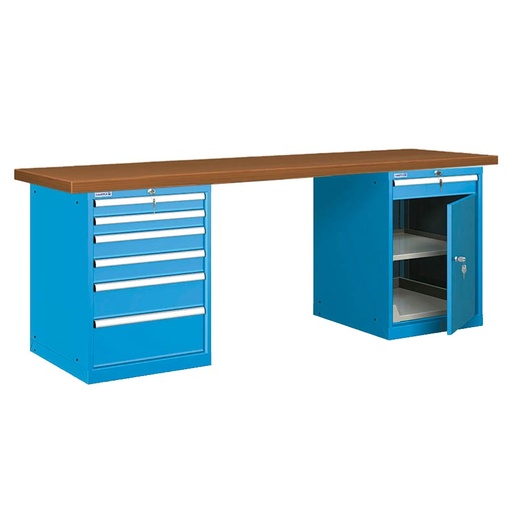 [026078] Banco de trabajo estándar - Dim.: 2500x750x840h mm - Encimera DM, 2 armarios con cajones - Azul ral 5012