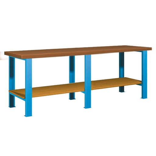 [026081] Banco de trabajo estándar - Dim.: 2500x750x840h mm - Encimera DM, 3 patas, 1 estante inferior - Azul ral 5012