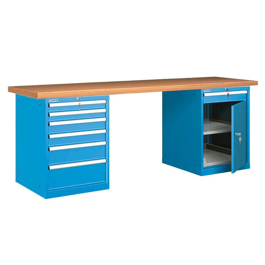 [026086] Banco de trabajo estándar - Dim.: 2500x750x840h mm - Encimera Multiplex, 2 armarios con cajones - Azul ral 5012