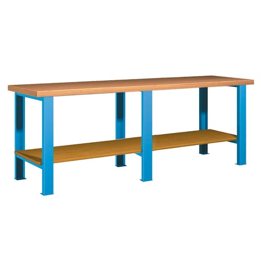 [026088] Banco de trabajo estándar - Dim.: 2500x750x840h mm - Encimera Multiplex, 3 patas, 1 estante inferior - Azul ral 5012