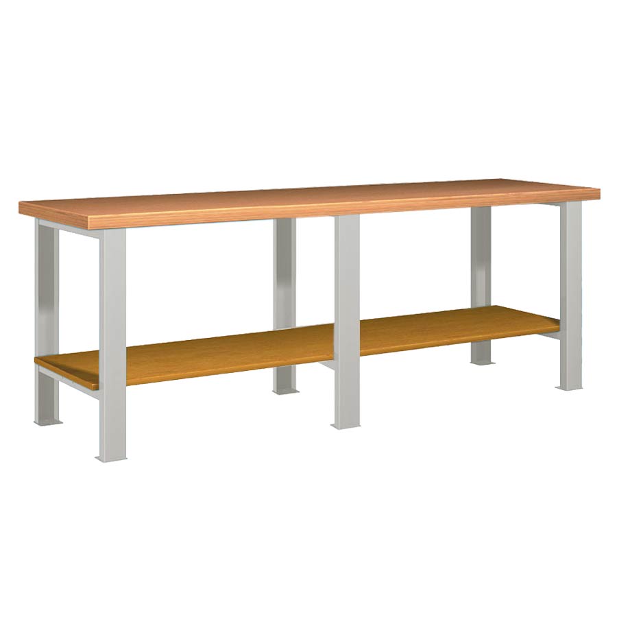[026089] Banco de trabajo estándar - Dim.: 2500x750x840h mm - Encimera Multiplex, 3 patas, 1 estante inferior - Gris ral 7035