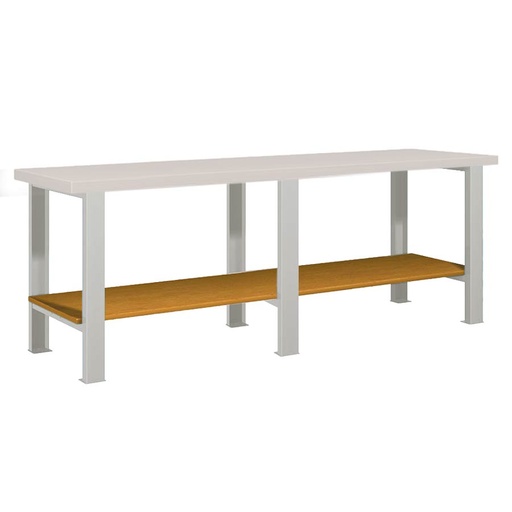 [026098] Banco de trabajo estándar - Dim.: 2500x750x840h mm - Encimera laminada, 3 patas, 1 estante inferior - Gris ral 7035