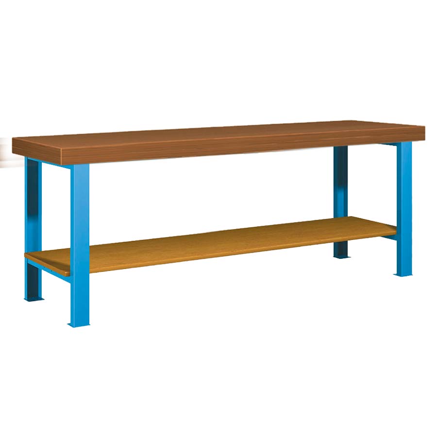 [026105] Banco de trabajo estándar - Dim.: 2500x750x850h mm - Encimera DM, 2 patas, 1 estante inferior - Azul ral 5012