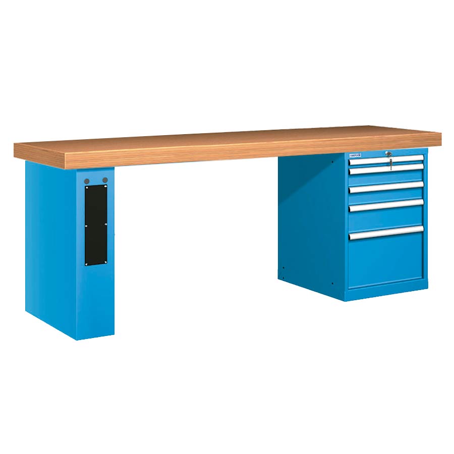 [026107] Banco de trabajo estándar - Dim.: 2500x750x850h mm - Encimera Multiplex, 1 pata de enlaces, 1 armario - Azul ral 5012