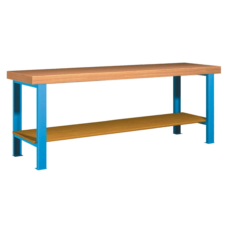 [026112] Banco de trabajo estándar - Dim.: 2500x750x850h mm - Encimera Multiplex, 2 patas, 1 estante inferior - Azul ral 5012