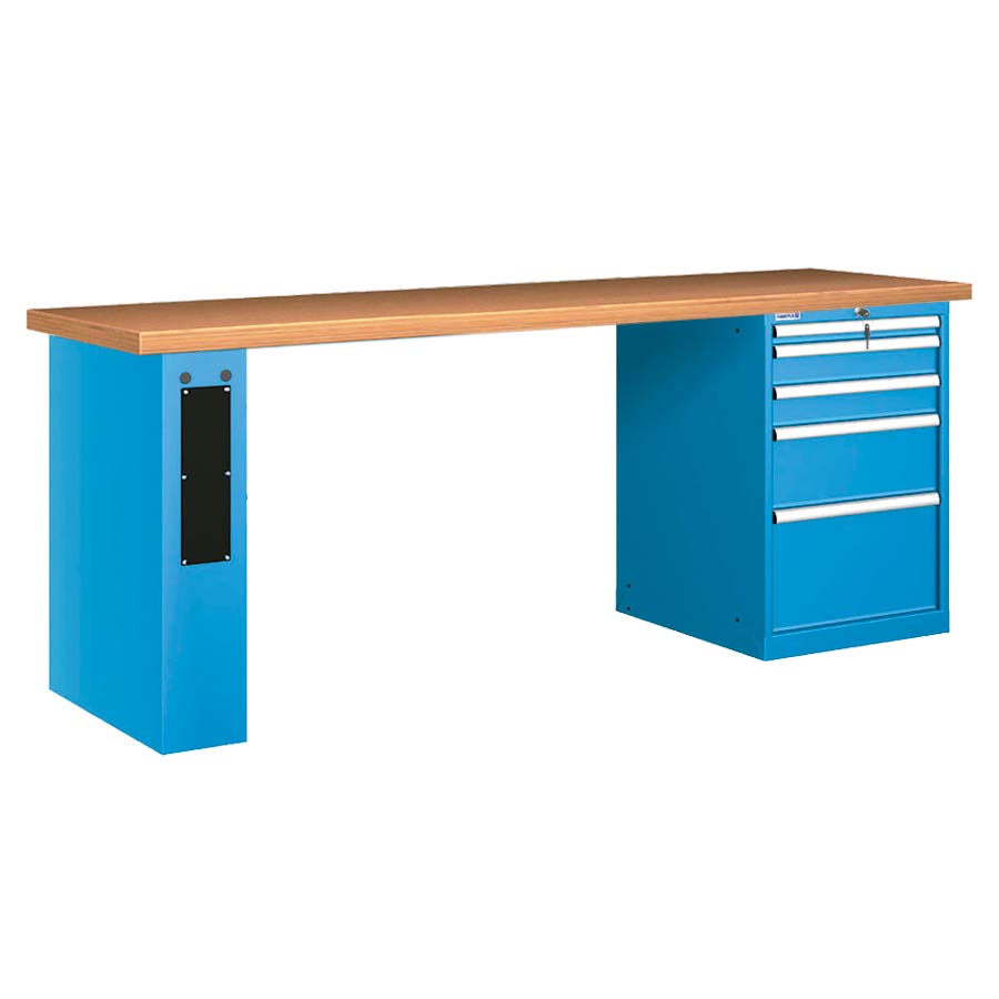 [026119] Banco de trabajo estándar - Dim.: 2500x750x890h mm - Encimera Multiplex, 1 pata de enlaces, 1 armario - Azul ral 5012