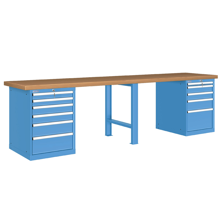 [026135] Banco de trabajo estándar - Dim.: 3000x750x840h mm - Encimera Multiplex, 1 pata, 2 armarios con cajones - Azul ral 5012