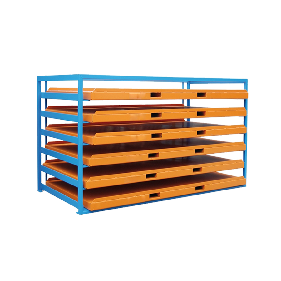 [030093] Estantería metálica con 6 estantes para planchas y tableros - Dim.: 2740x13000x1580h mm - Azul ral 5012 y naranja ral 2000