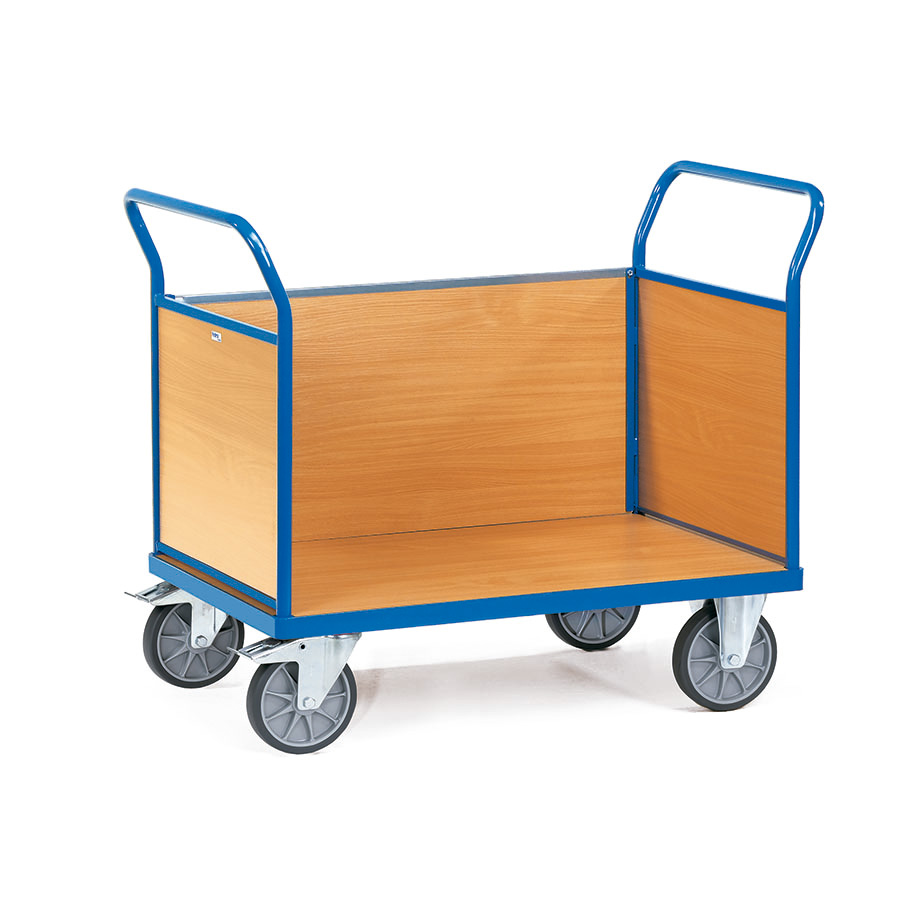 [039139] Carro de plataforma de madera con 3 paredes de madera - Dim. plataforma de madera 1.200 x 800 mm - Azul Ral 5007