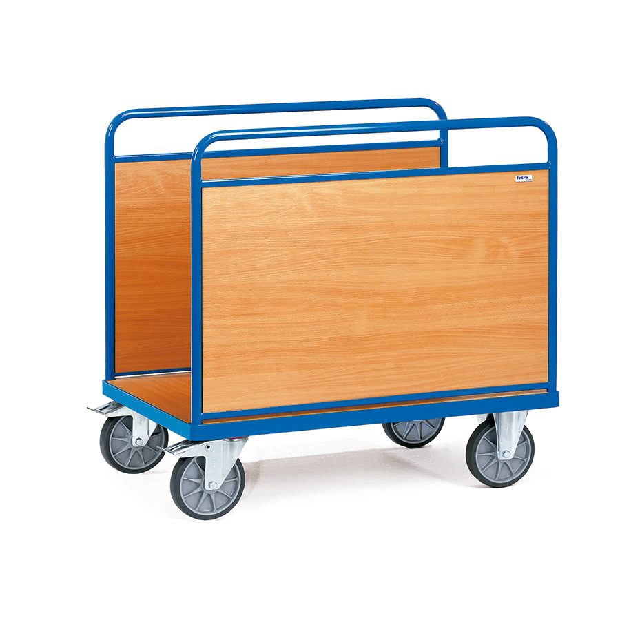 [039140] Carro de plataforma de madera con 2 paredes laterales de madera - Dim. plataforma de madera 1.000x600 mm - Azul Ral 5007