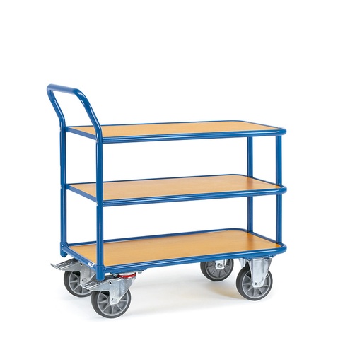 [039161] Carro de transporte para taller con 3 estantes fijos de madera - Dim. plataforma 850 x 500 mm - Azul ral 5007