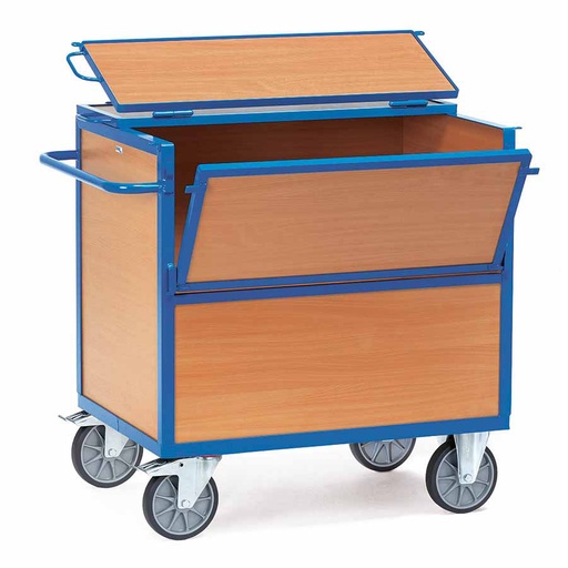 [039231] Carro protegido con paredes de madera y 2 puertas batientes - Dim. plataforma 1.200 x 800 mm - Azul ral 5007