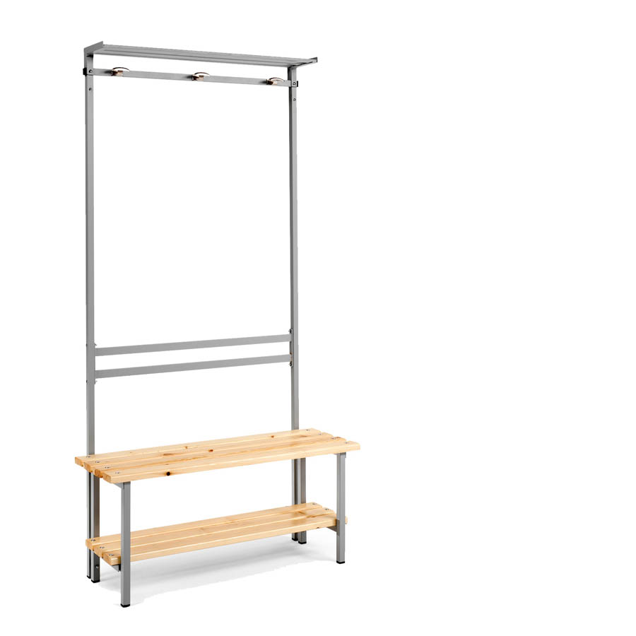 [039882] Banqueta para vestuario de acero con asiento de madera, estante inferior y perchero integrado - Dim.: 1000x370x1880h mm - Gris Ral 7035