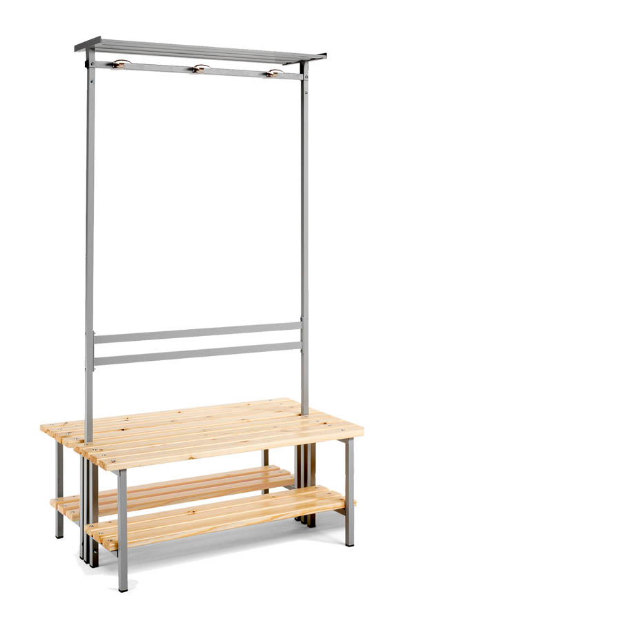 [039886] Banqueta para vestuario de acero a dos caras con asiento de madera, estante inferior y perchero integrado - Dim.: 1500x710x1880h mm - Gris Ral 7035